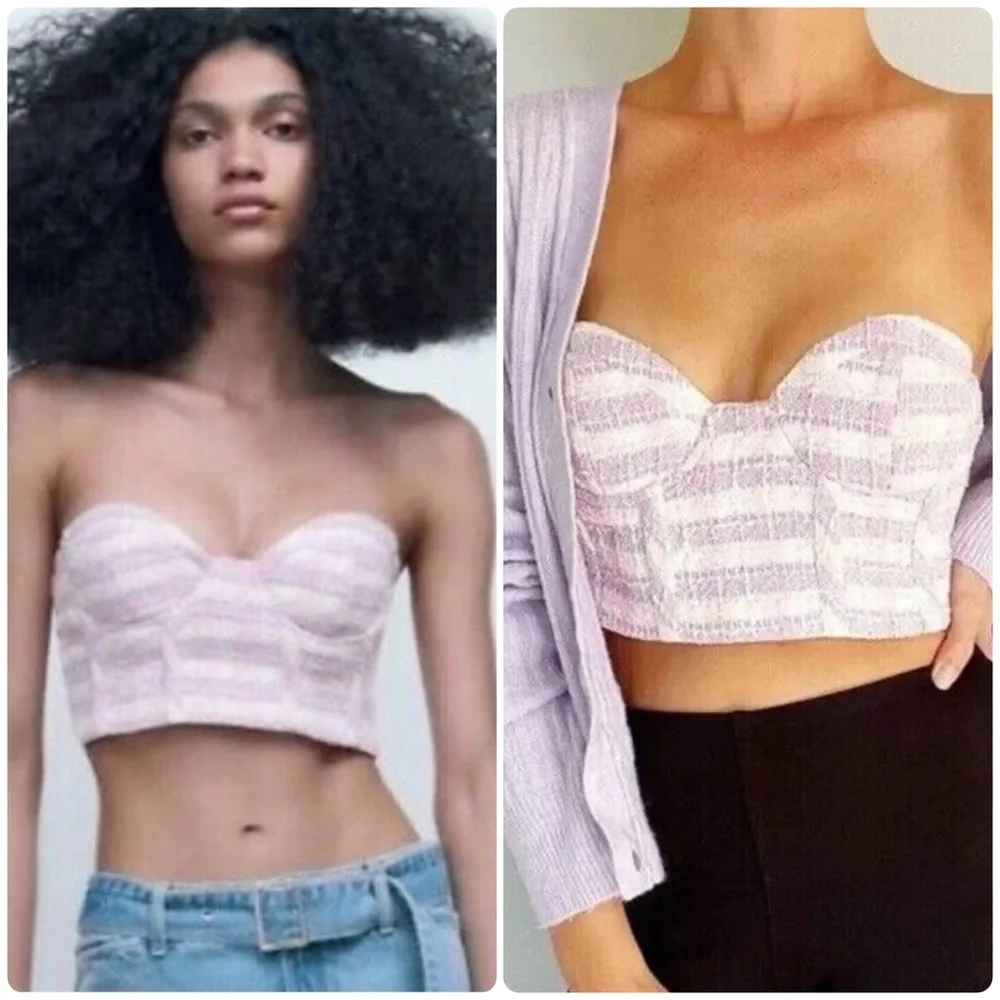 NWT ZARA Strapless Tweed Underwire Bustier Corset Top Lavender White Pink XS